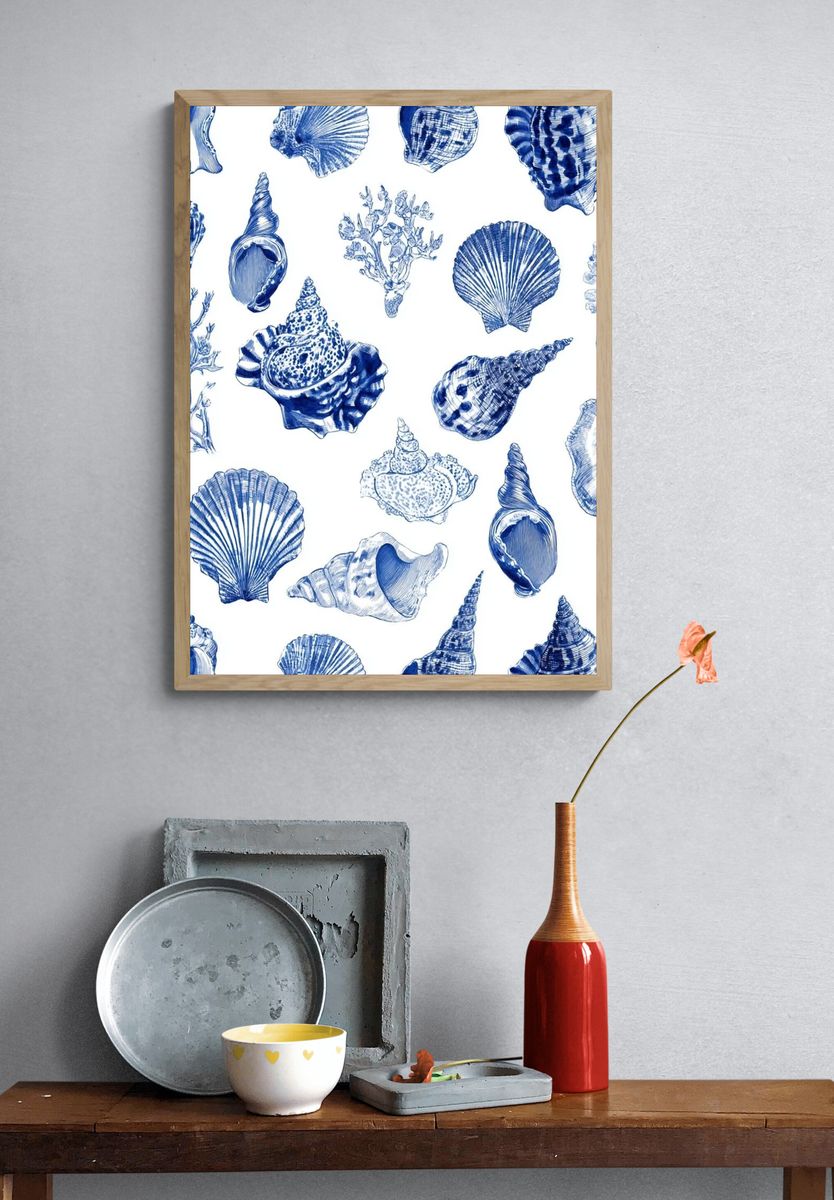 Blue Seashell Pattern Print. — room view 3