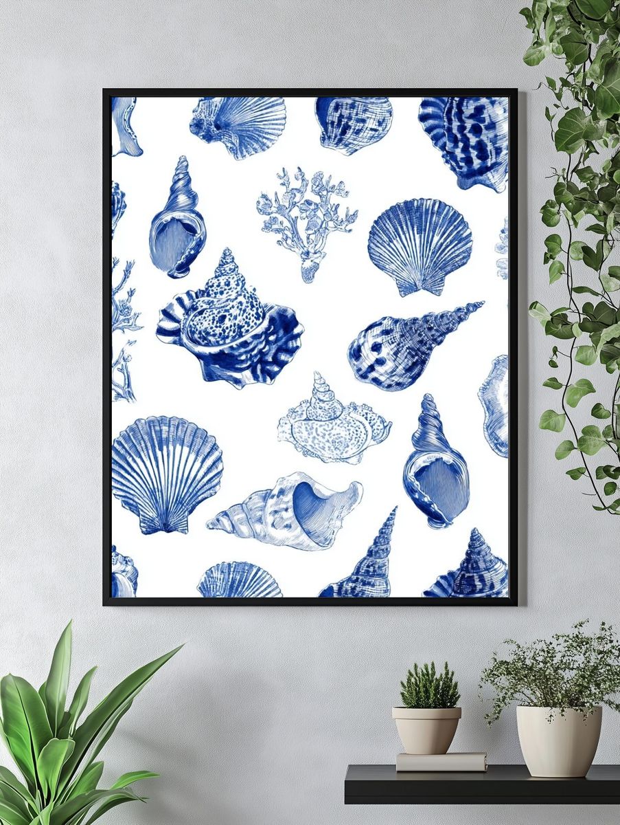 Blue Seashell Pattern Print. — room view 4