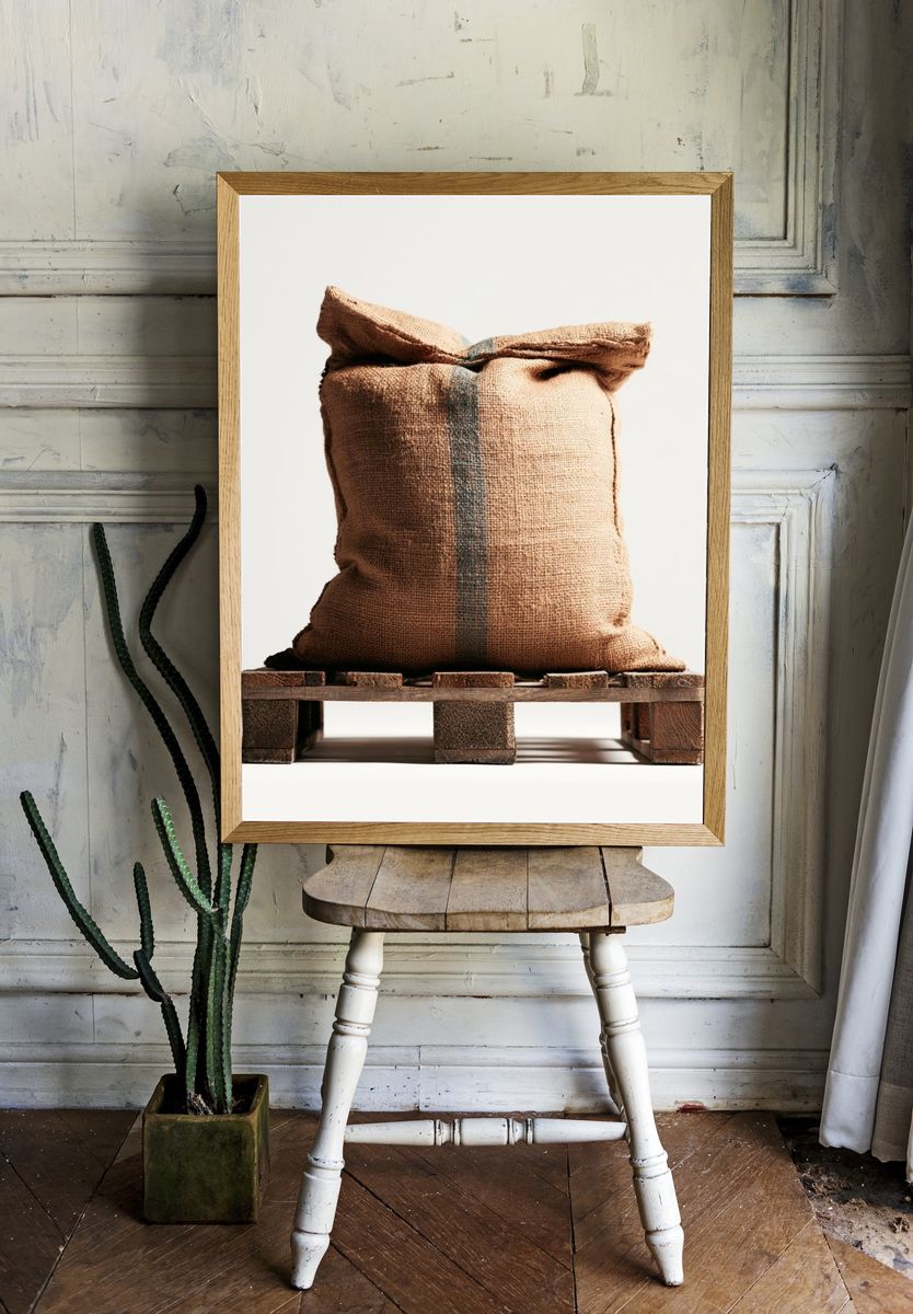Burlap Sack on Pallet Photography Poster. — room view 1