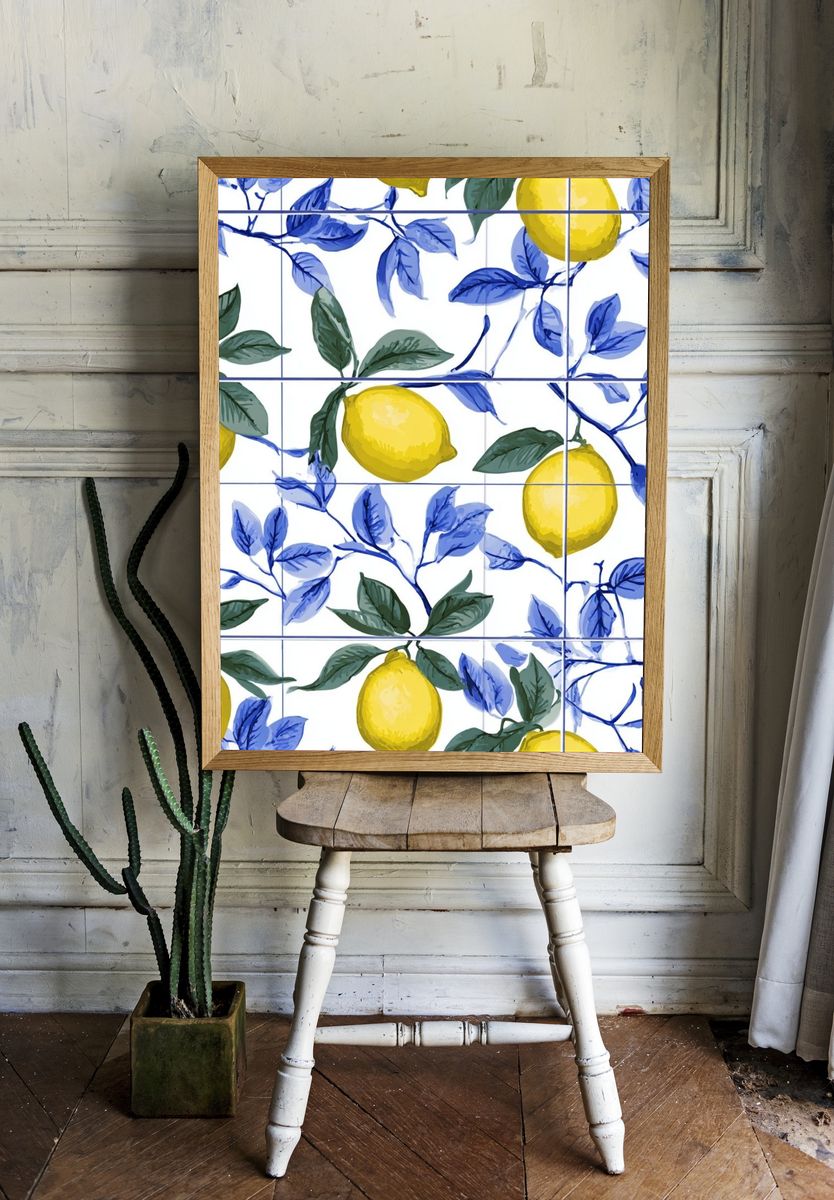 Lemon and Blue Leaves Botanical Poster. — room view 1