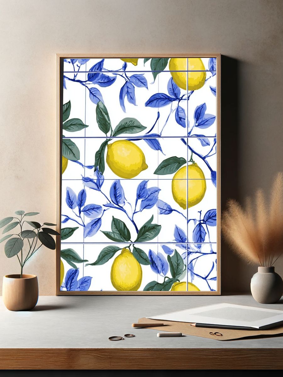 Lemon and Blue Leaves Botanical Poster. — room view 2