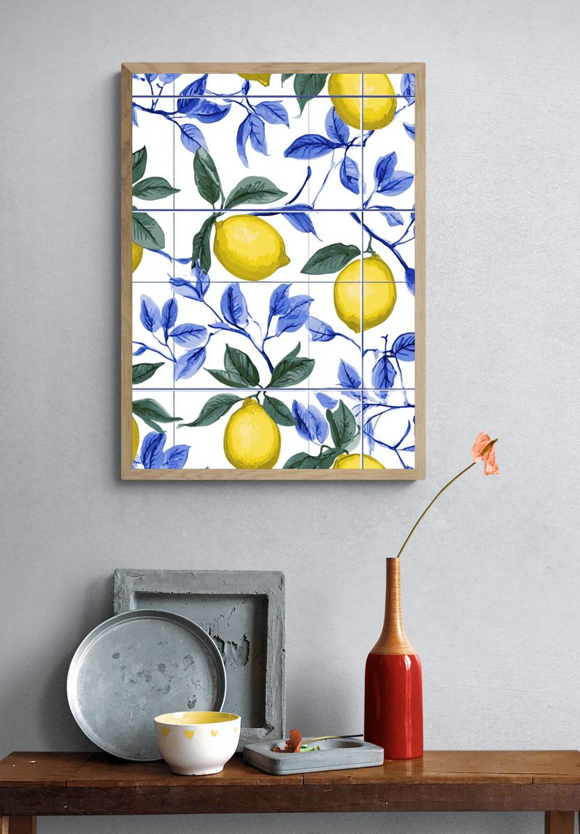 Lemon and Blue Leaves Botanical Poster. — room view 3