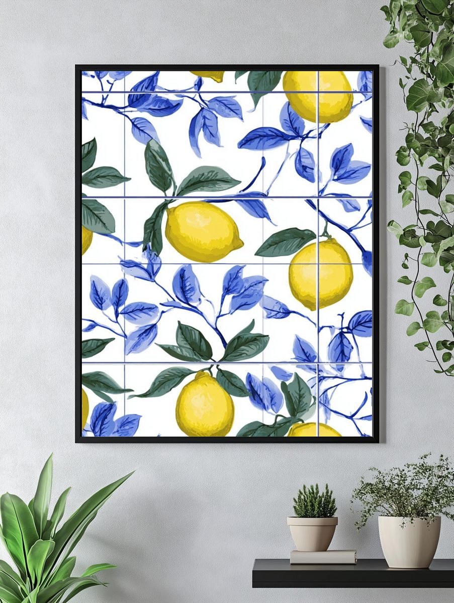 Lemon and Blue Leaves Botanical Poster. — room view 4