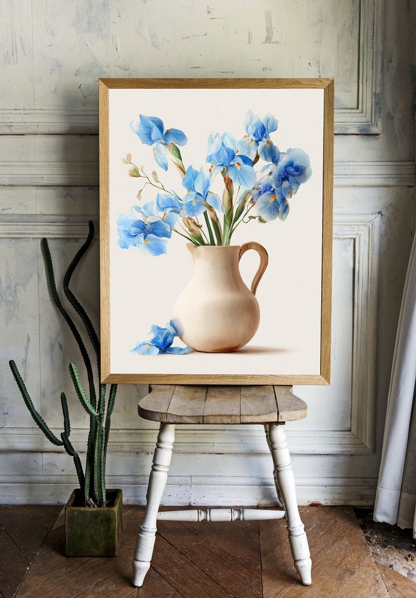 Blue Iris Vase Watercolor Print. — room view 1
