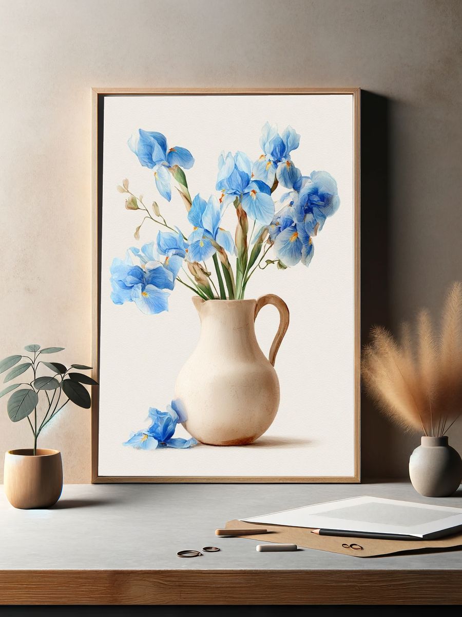 Blue Iris Vase Watercolor Print. — room view 2