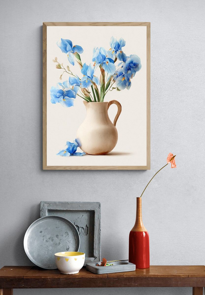 Blue Iris Vase Watercolor Print. — room view 3