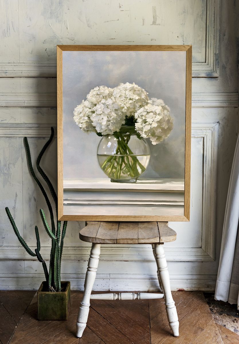 White Hydrangeas Still Life Poster. — room view 1