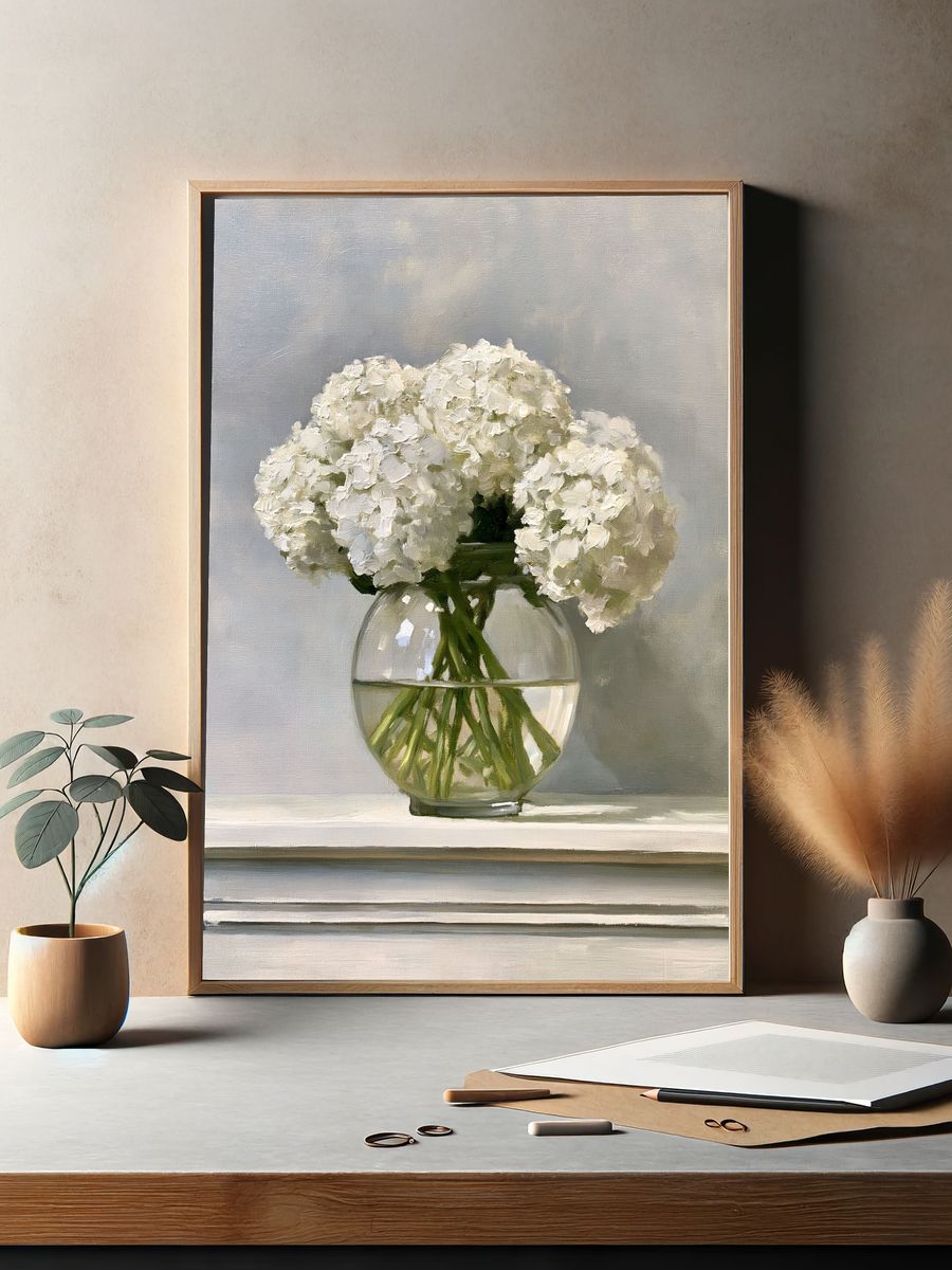 White Hydrangeas Still Life Poster. — room view 2