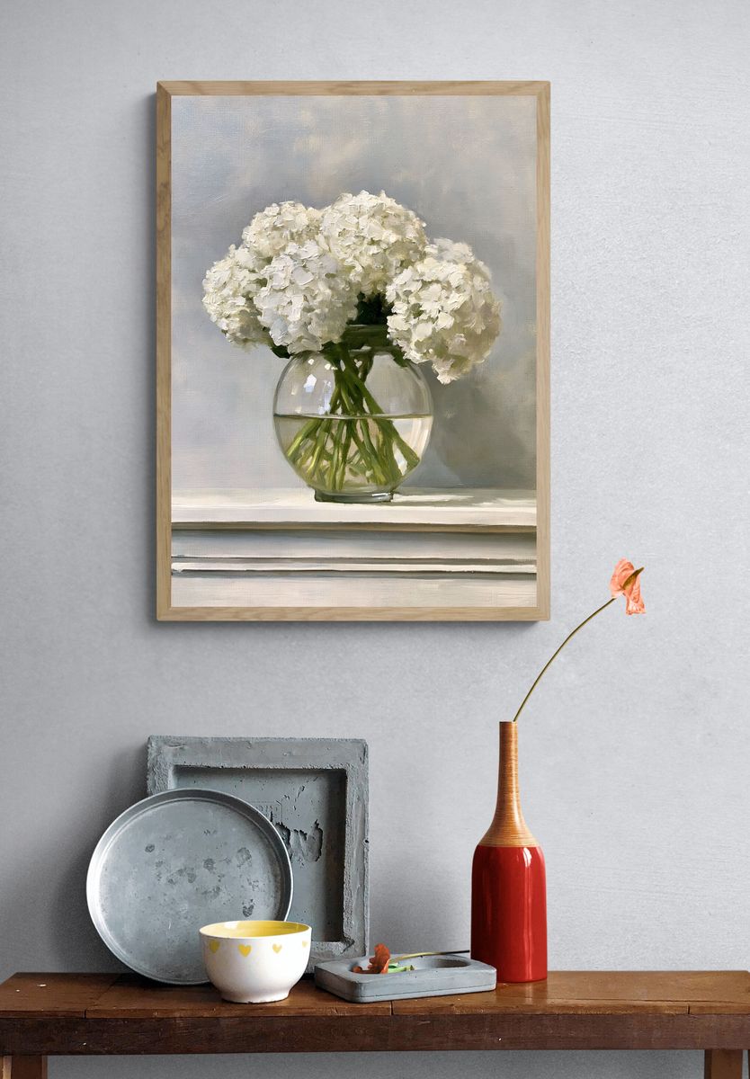 White Hydrangeas Still Life Poster. — room view 3