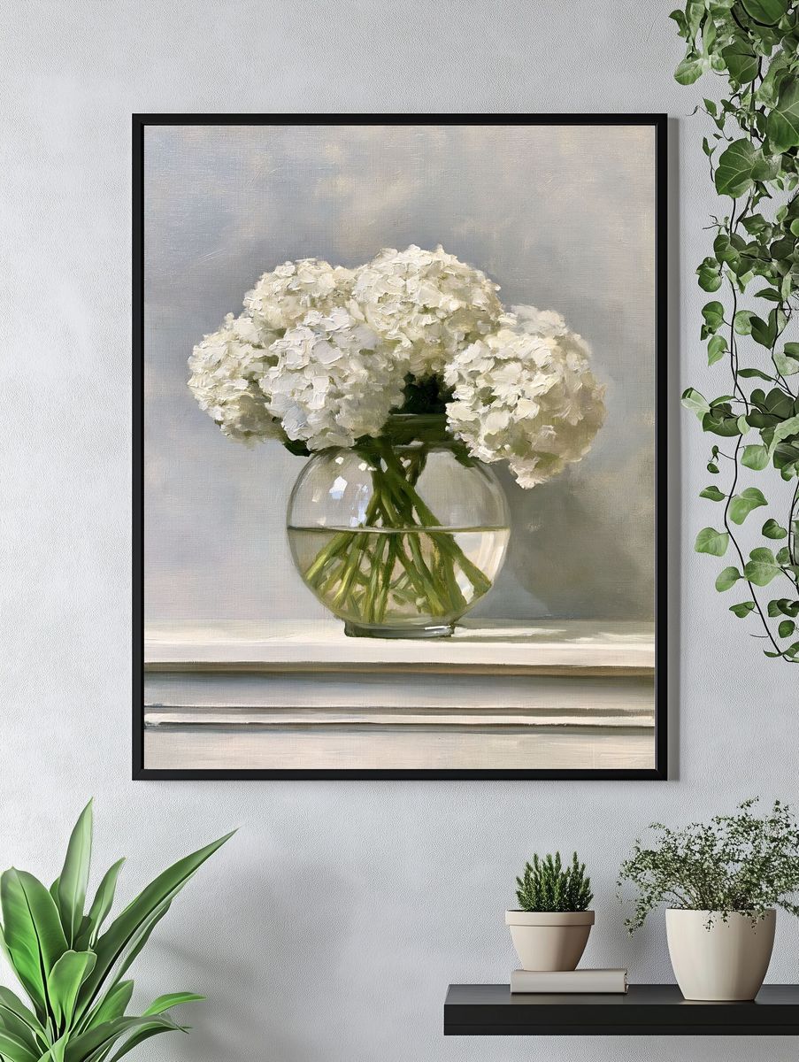 White Hydrangeas Still Life Poster. — room view 4