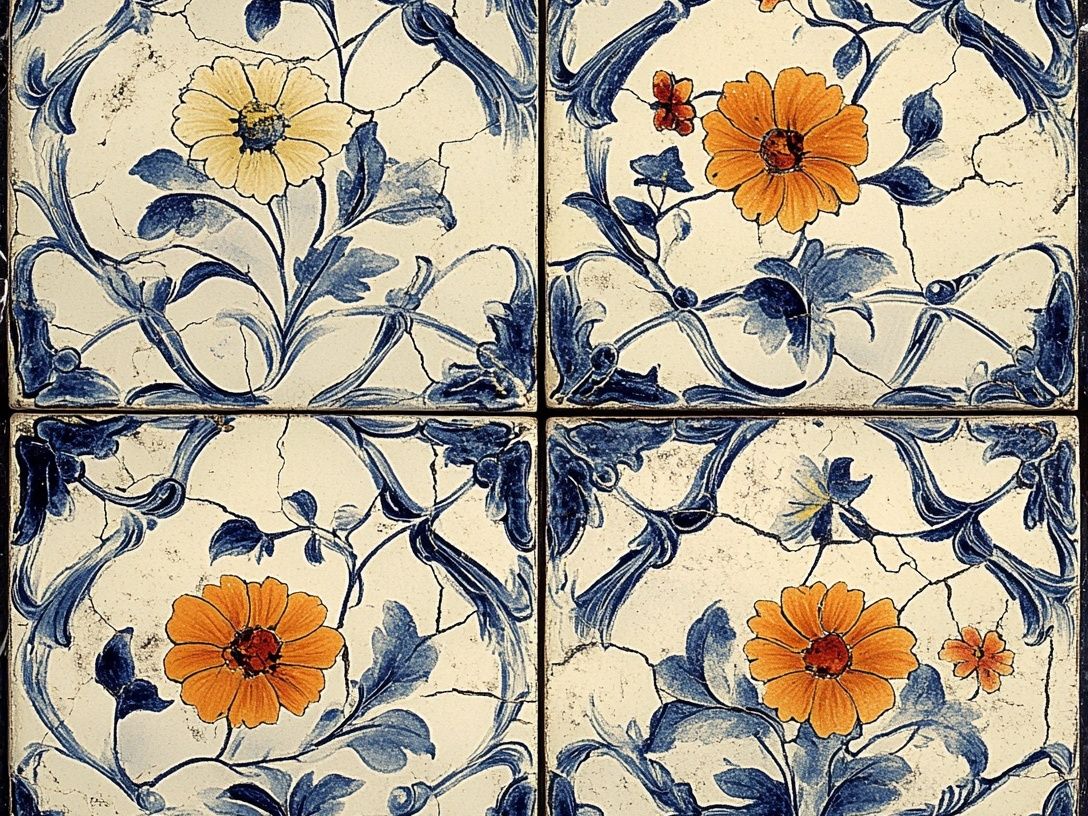 Blue Floral Tile Vintage Print. poster — botanical art