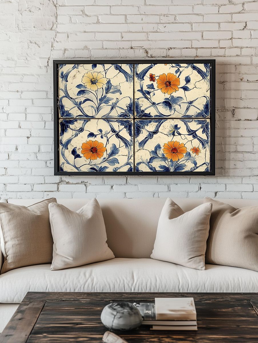 Blue Floral Tile Vintage Print. room preview