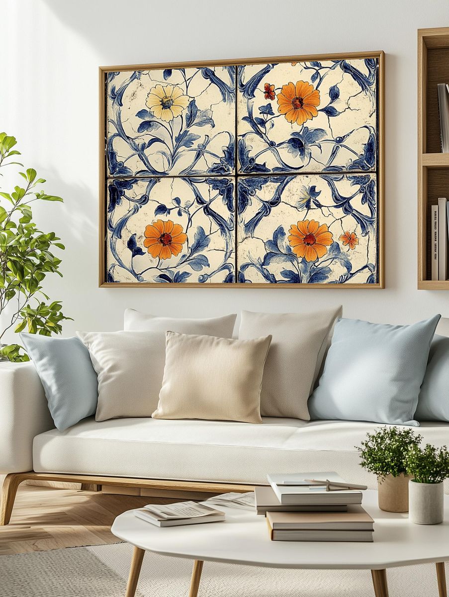 Blue Floral Tile Vintage Print. — room view 2