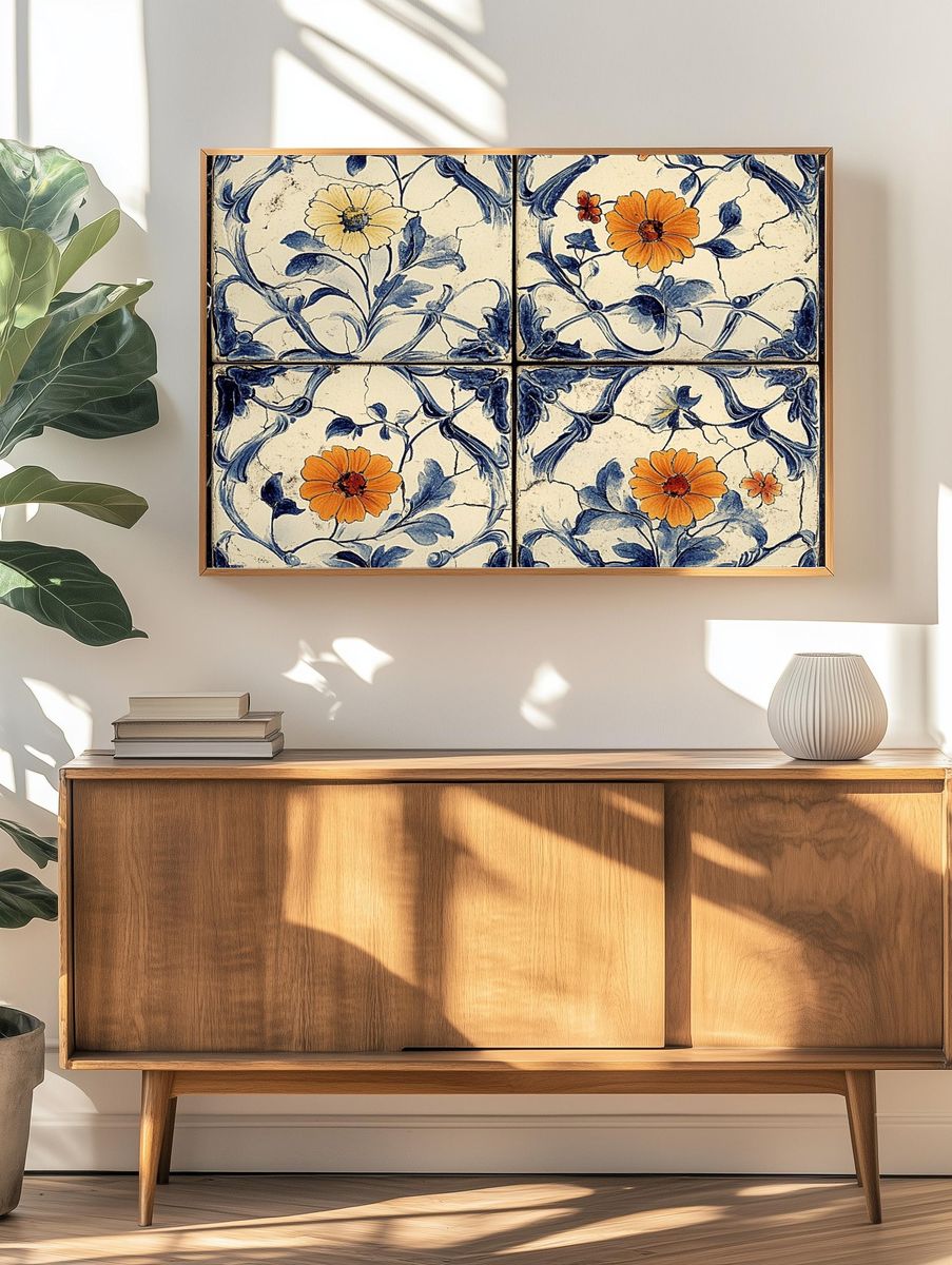 Blue Floral Tile Vintage Print. — room view 3