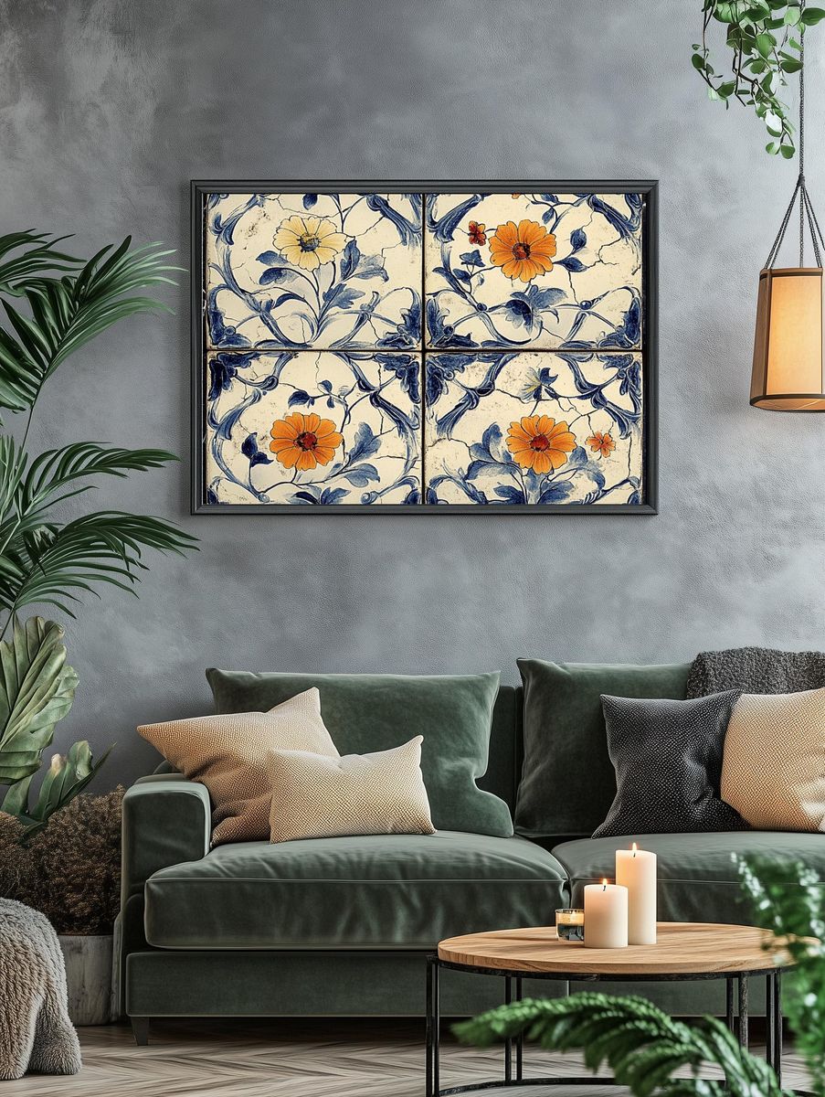 Blue Floral Tile Vintage Print. — room view 4