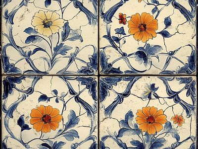 Blue Floral Tile Vintage Print.