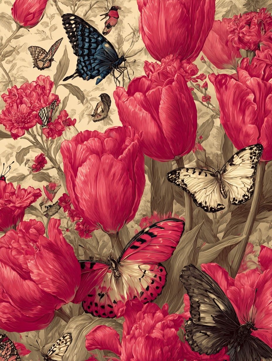 Butterflies and Tulips — Botanical Print. poster detail