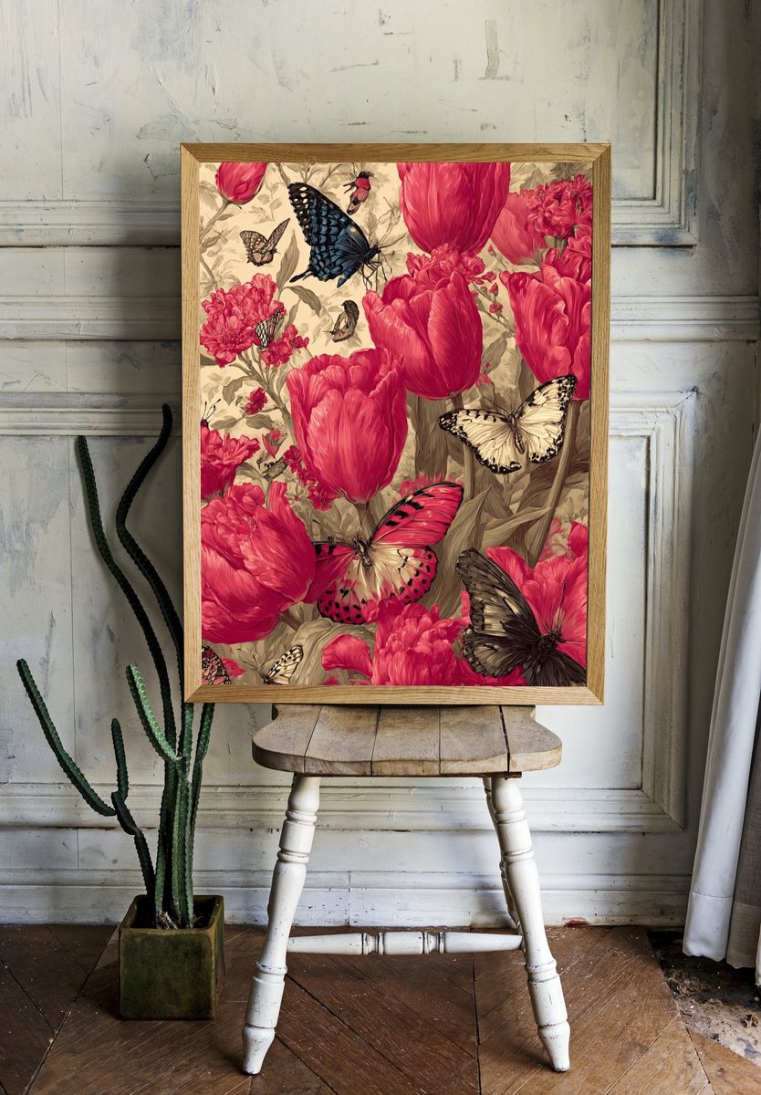 Butterflies and Tulips — Botanical Print. — room view 1