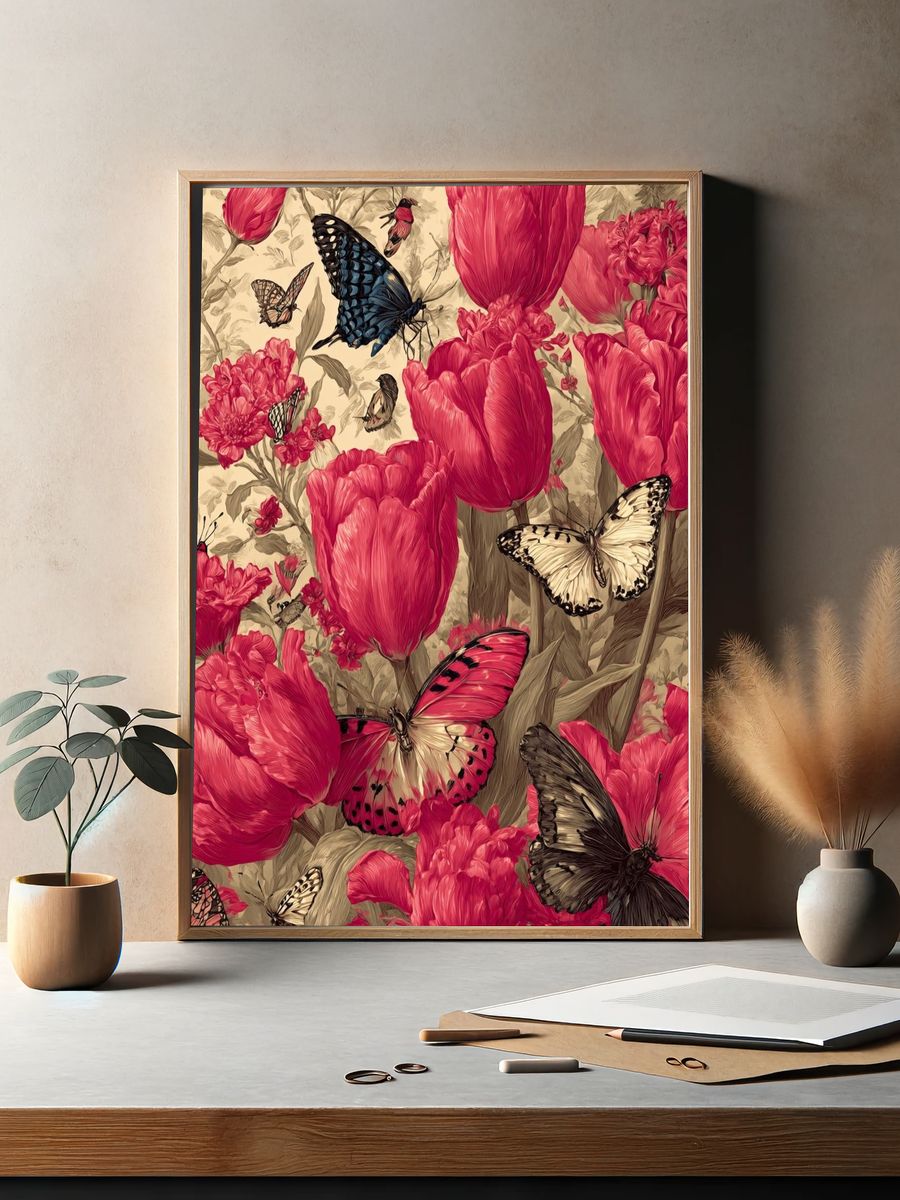 Butterflies and Tulips — Botanical Print. — room view 2