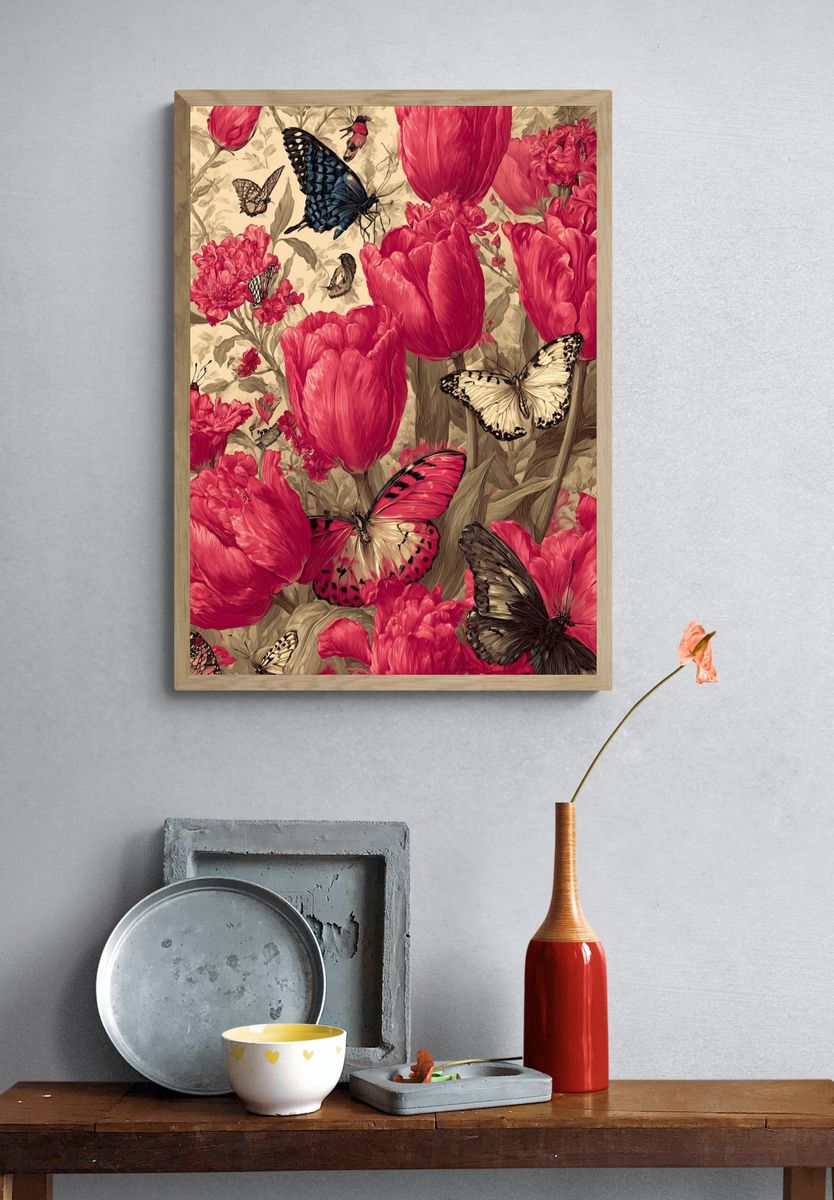 Butterflies and Tulips — Botanical Print. — room view 3