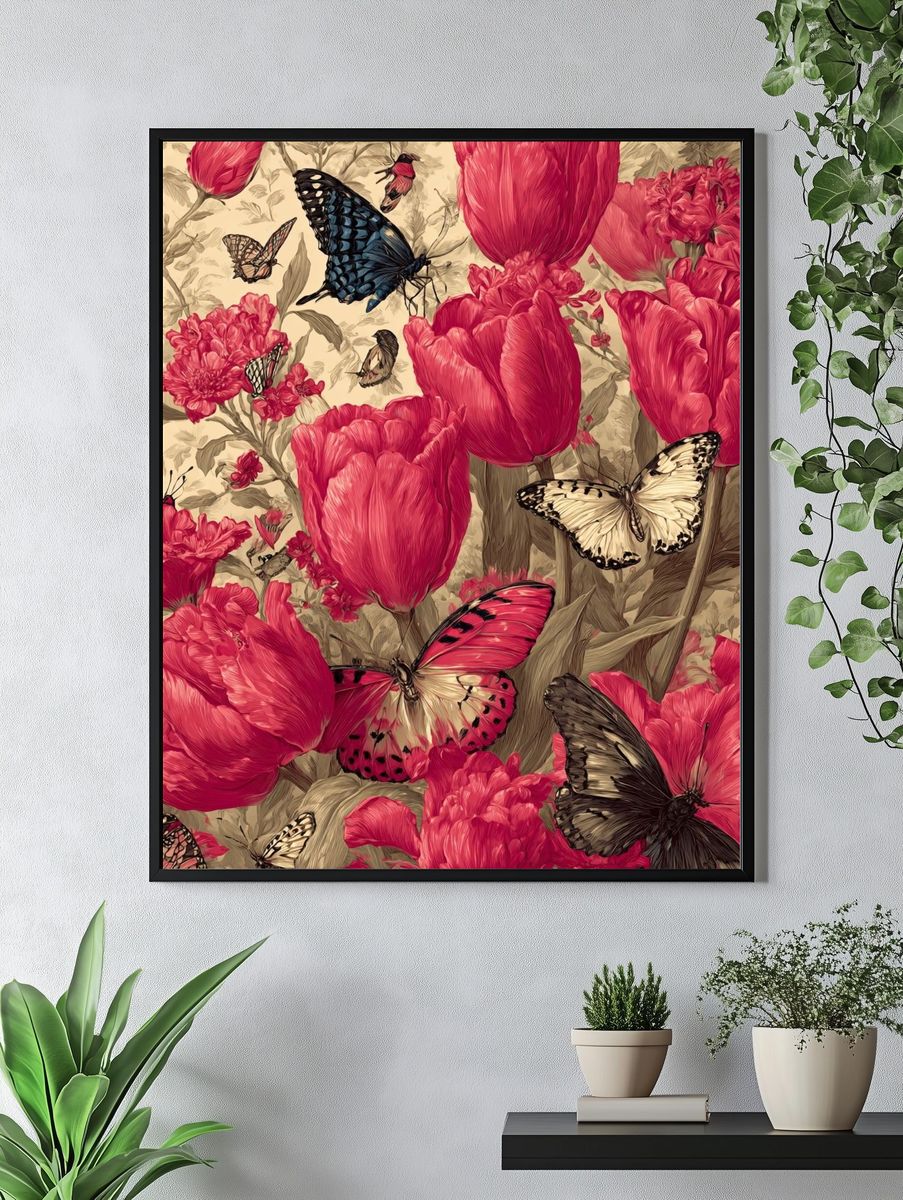 Butterflies and Tulips — Botanical Print. — room view 4