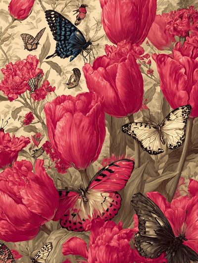 Butterflies and Tulips — Botanical Print. poster