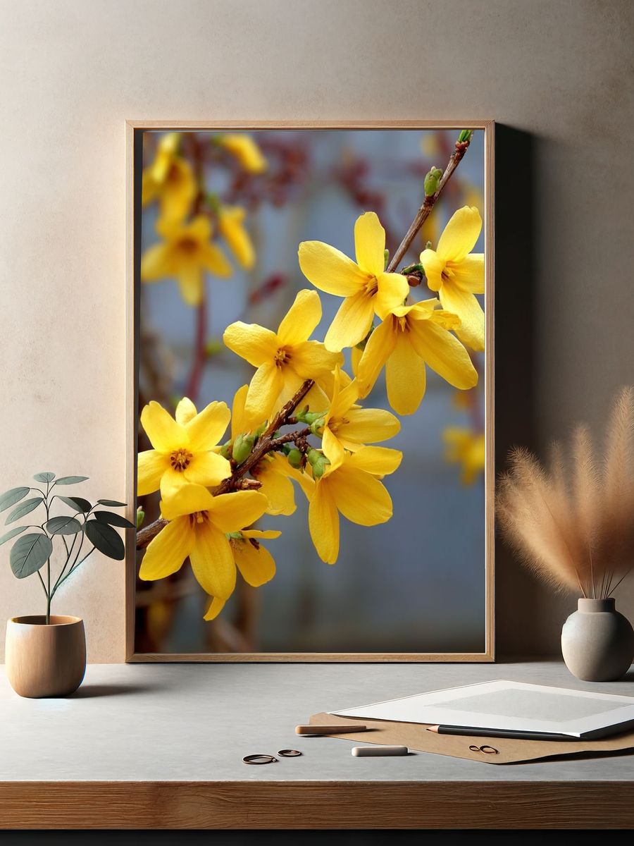 Yellow Forsythia Flowers — Botanical Print. — room view 2