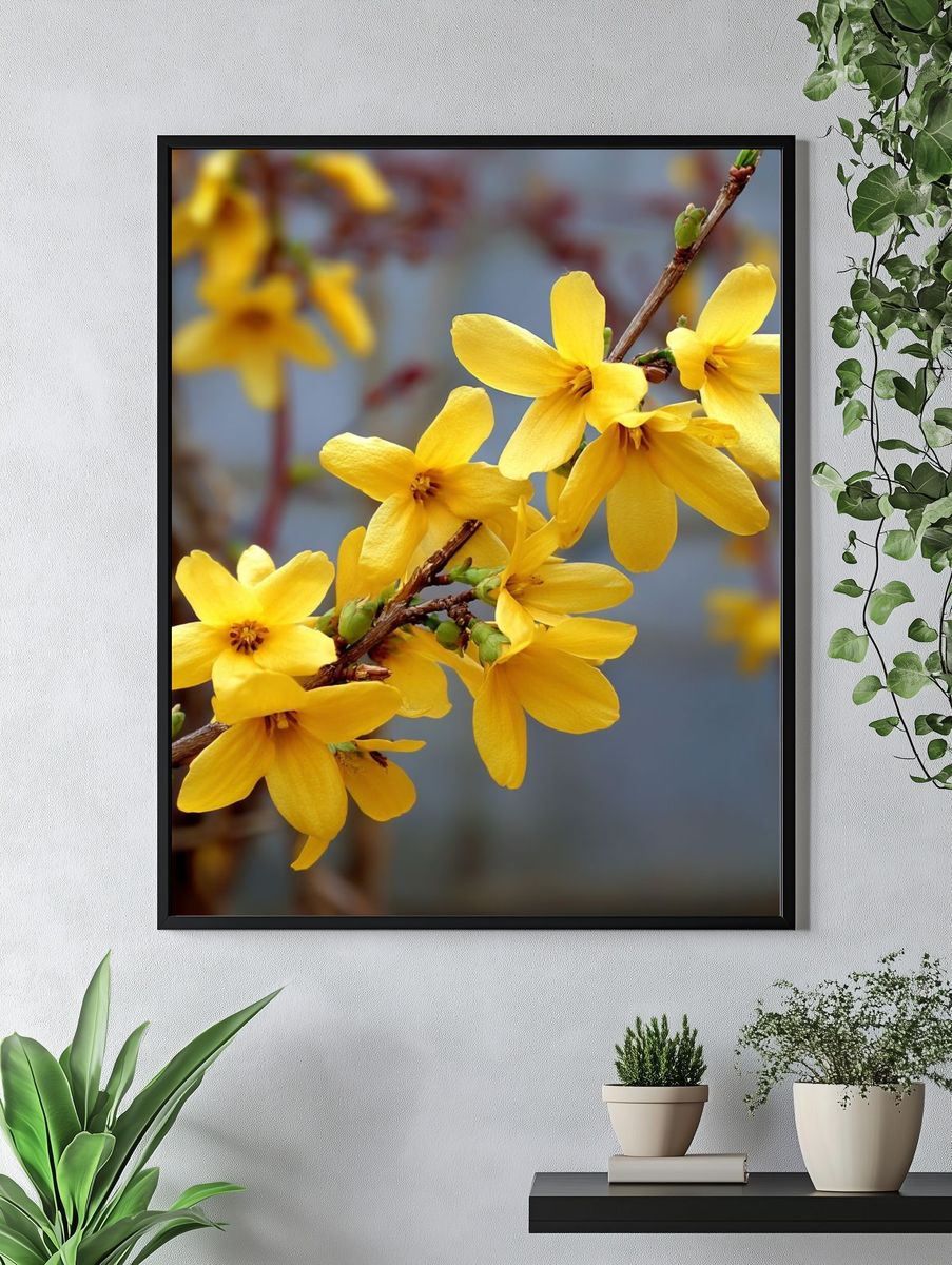 Yellow Forsythia Flowers — Botanical Print. — room view 4
