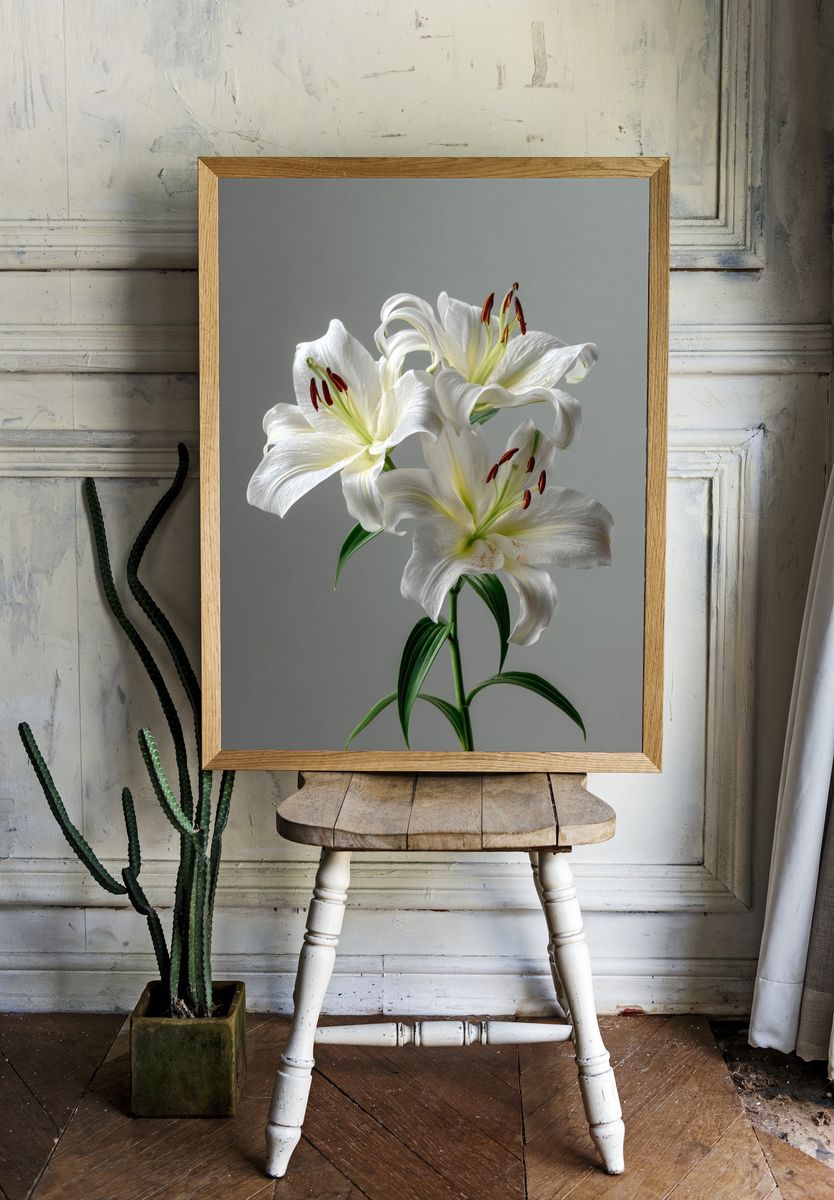 Elegant White Lily Botanical Print. — room view 1