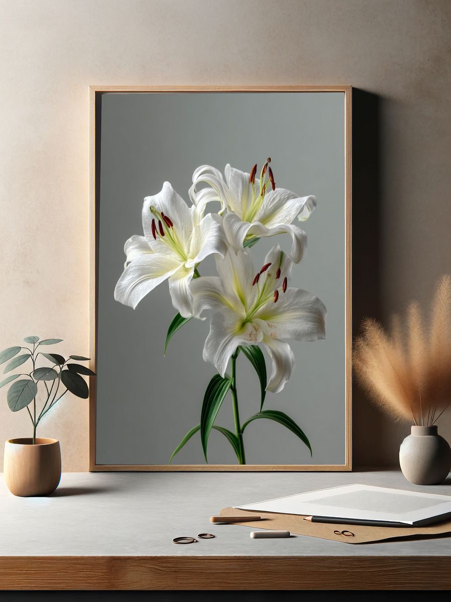 Elegant White Lily Botanical Print. — room view 2