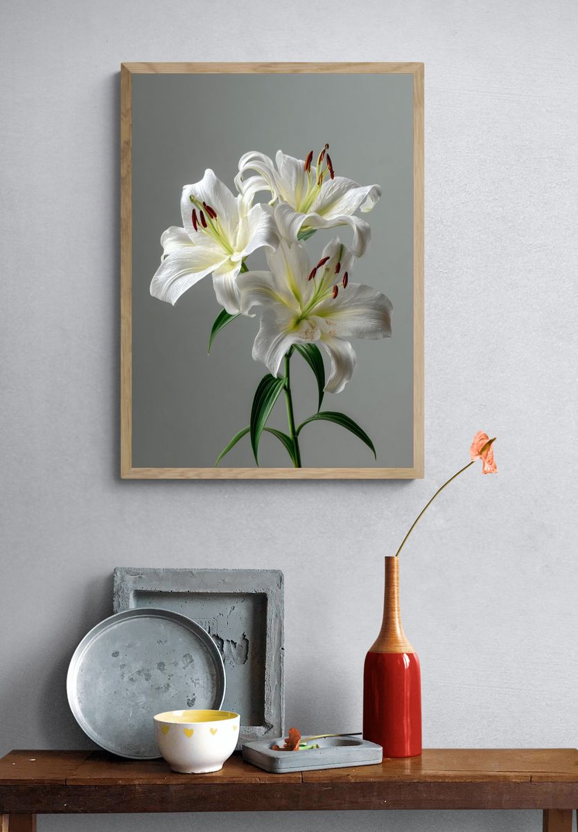 Elegant White Lily Botanical Print. — room view 3