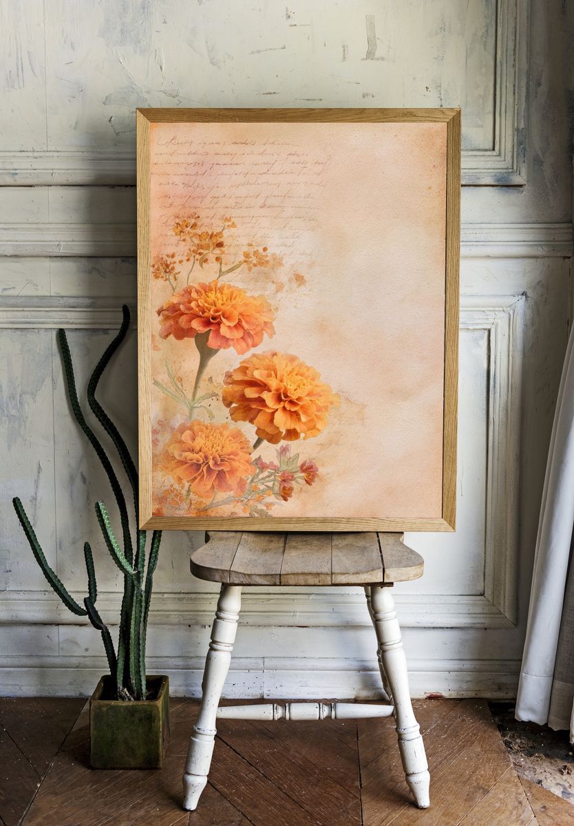 Marigold Floral Watercolor Poster. — room view 1