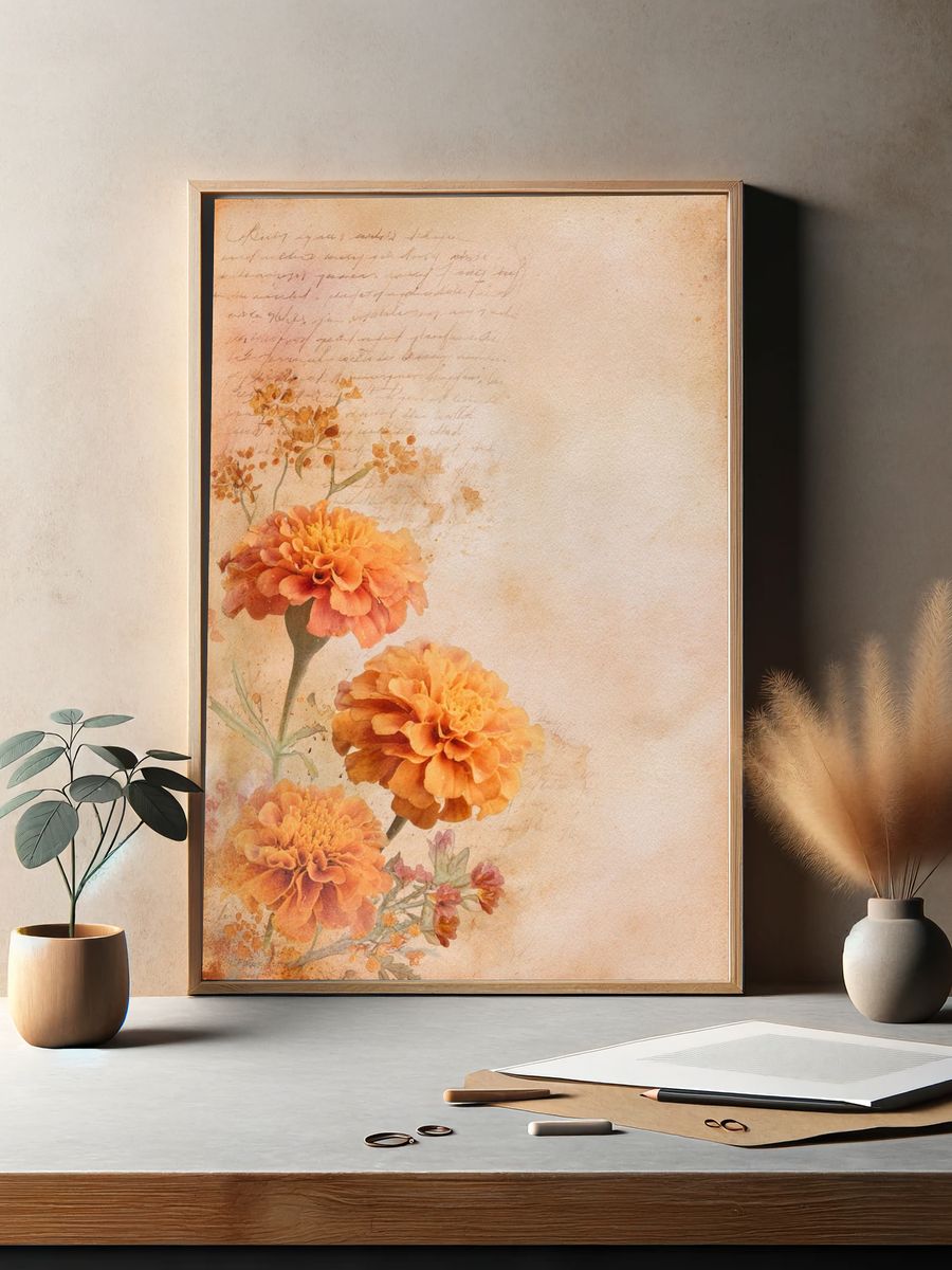 Marigold Floral Watercolor Poster. — room view 2