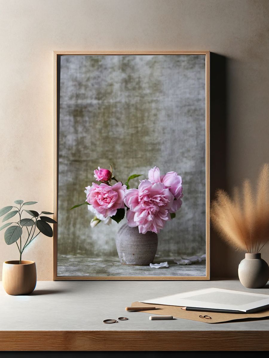 Pink Roses in Vase — Botanical Print. — room view 2