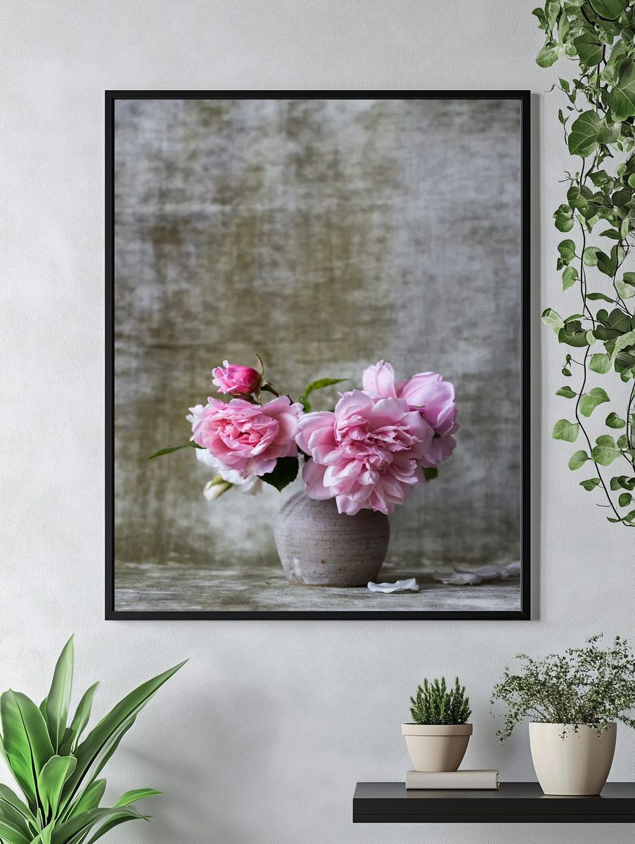 Pink Roses in Vase — Botanical Print. — room view 4