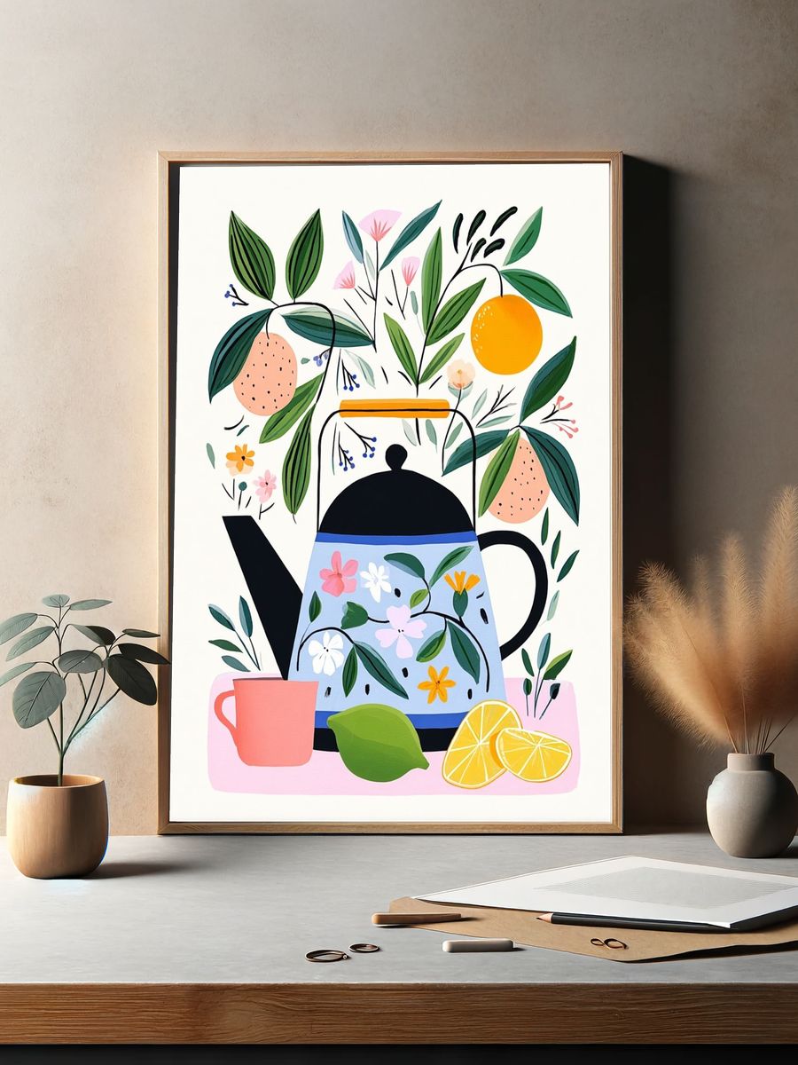 Botanical Teapot Illustration Poster. — room view 2