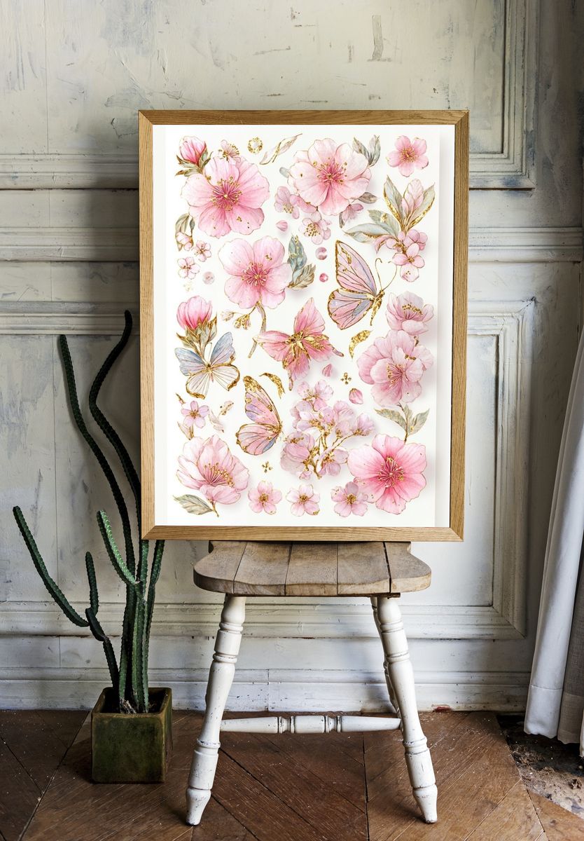 Floral Butterflies and Blossoms — Botanical Print. — room view 1