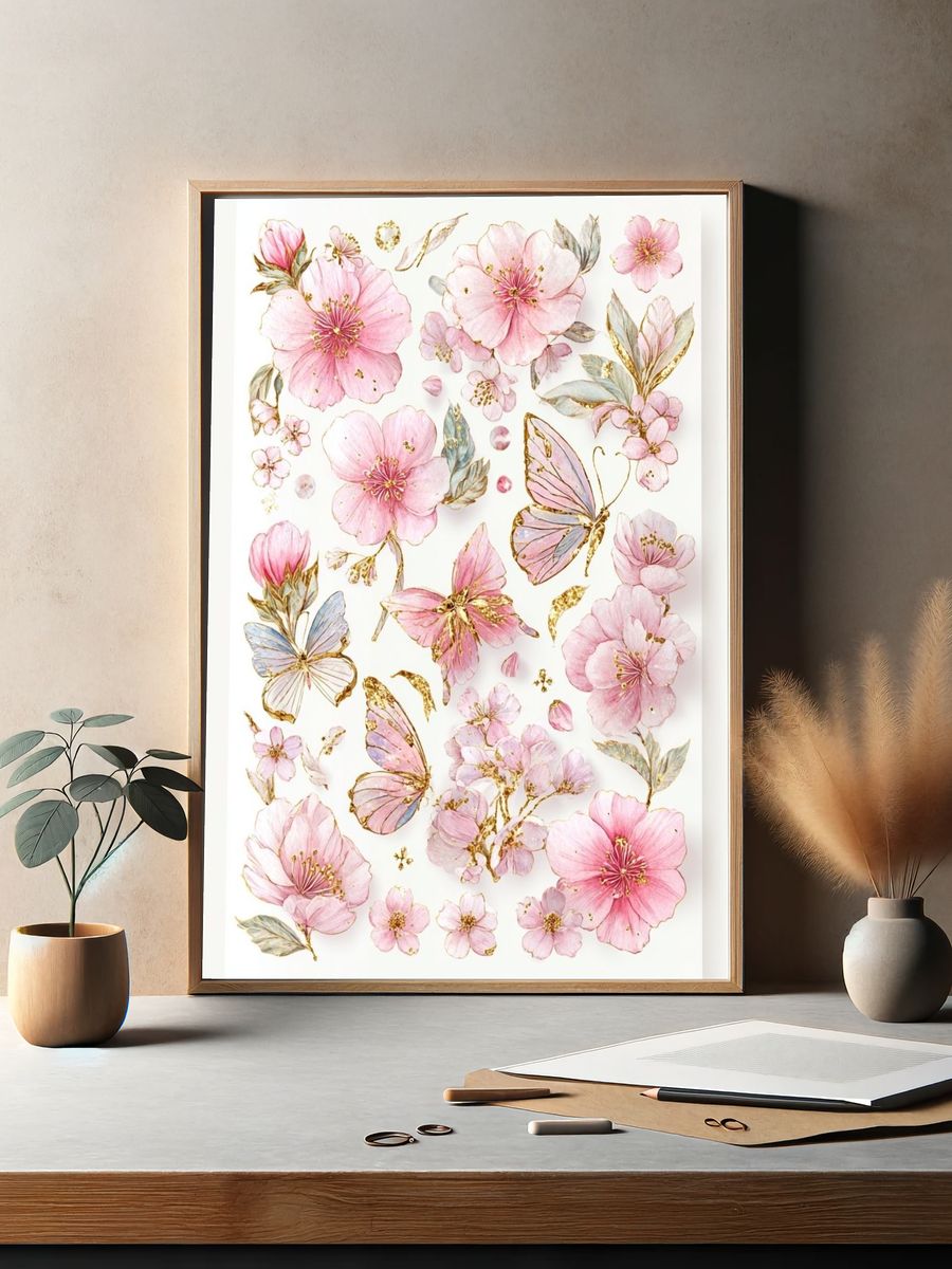 Floral Butterflies and Blossoms — Botanical Print. — room view 2