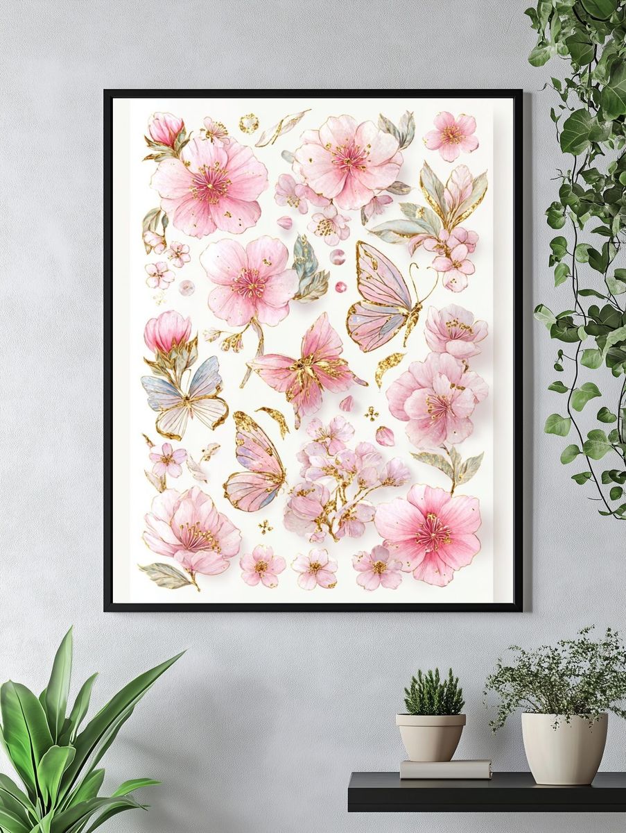 Floral Butterflies and Blossoms — Botanical Print. — room view 4