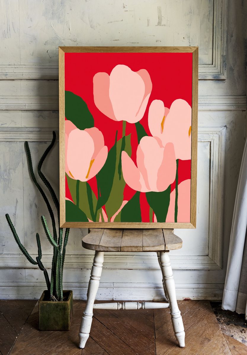 Pink Tulips on Red Background Poster. — room view 1