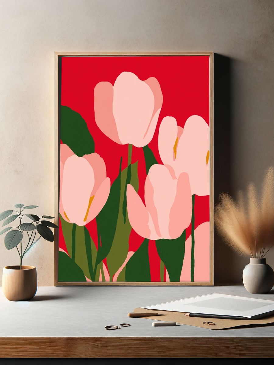 Pink Tulips on Red Background Poster. — room view 2