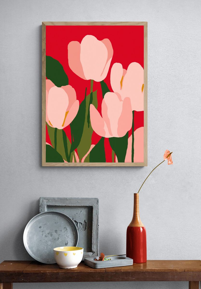 Pink Tulips on Red Background Poster. — room view 3