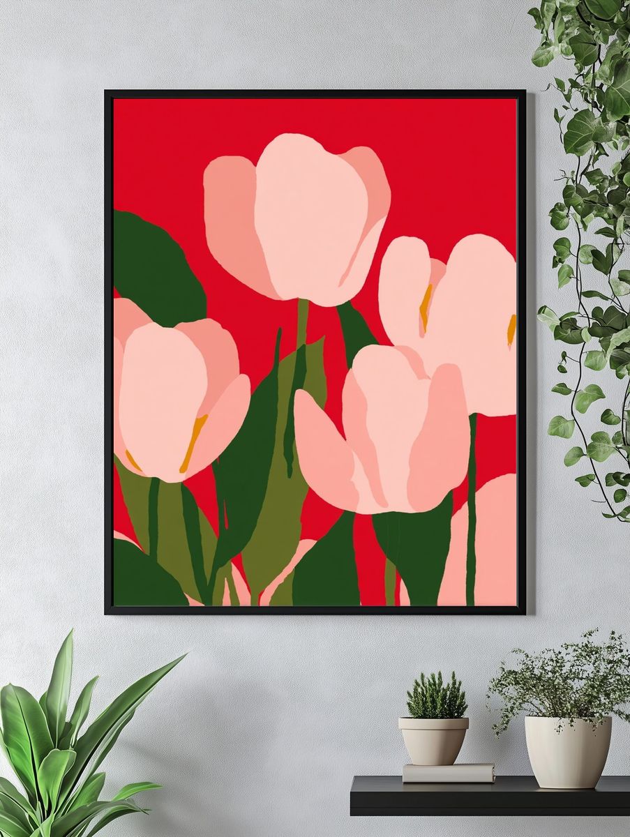Pink Tulips on Red Background Poster. — room view 4