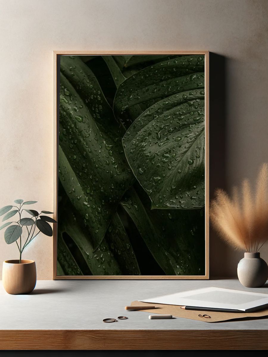 Rainy Green Leaves — Botanical Print. — room view 2