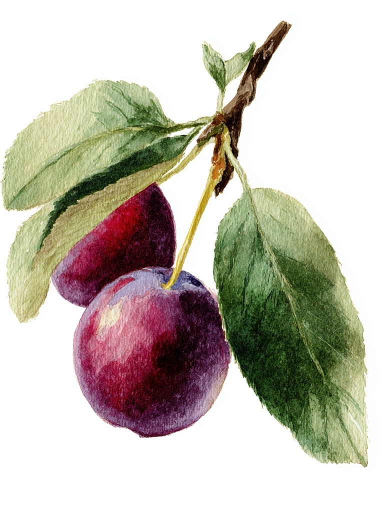 Plum and Leaves — Watercolor Print. poster detail