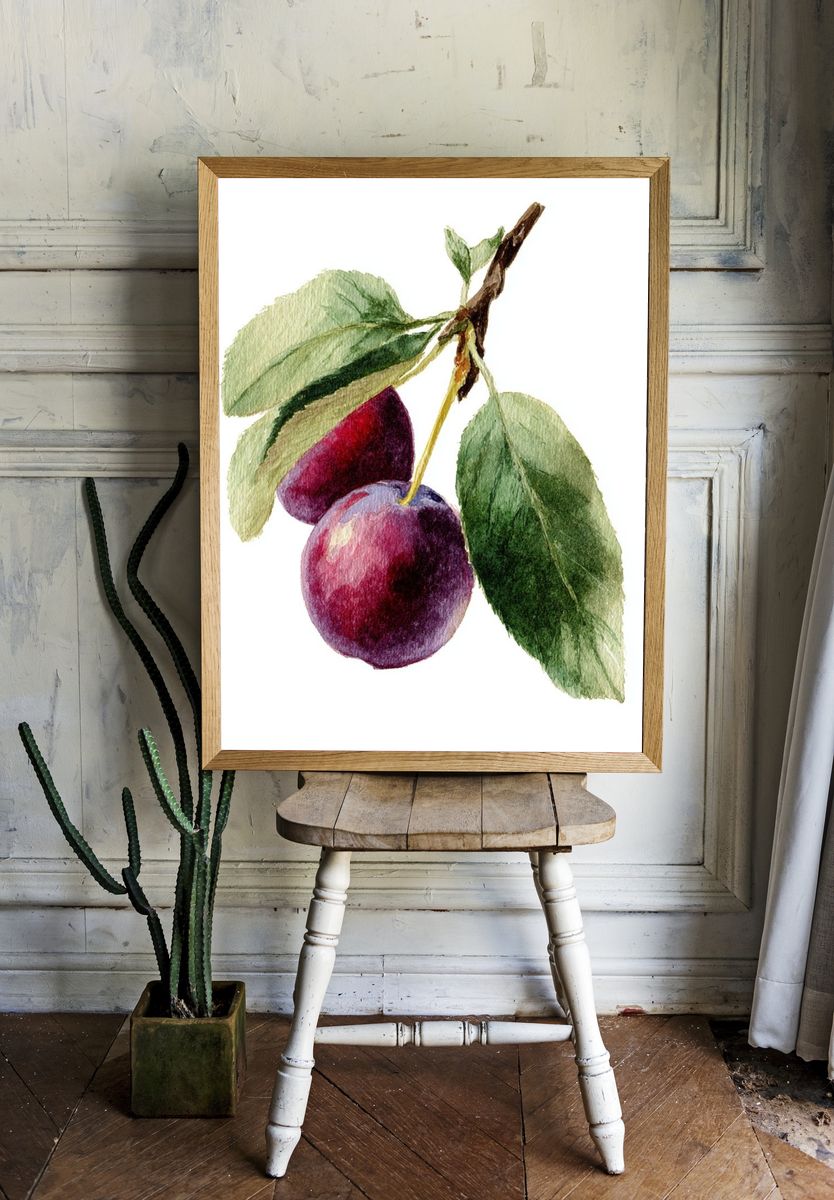 Plum and Leaves — Watercolor Print. — room view 1