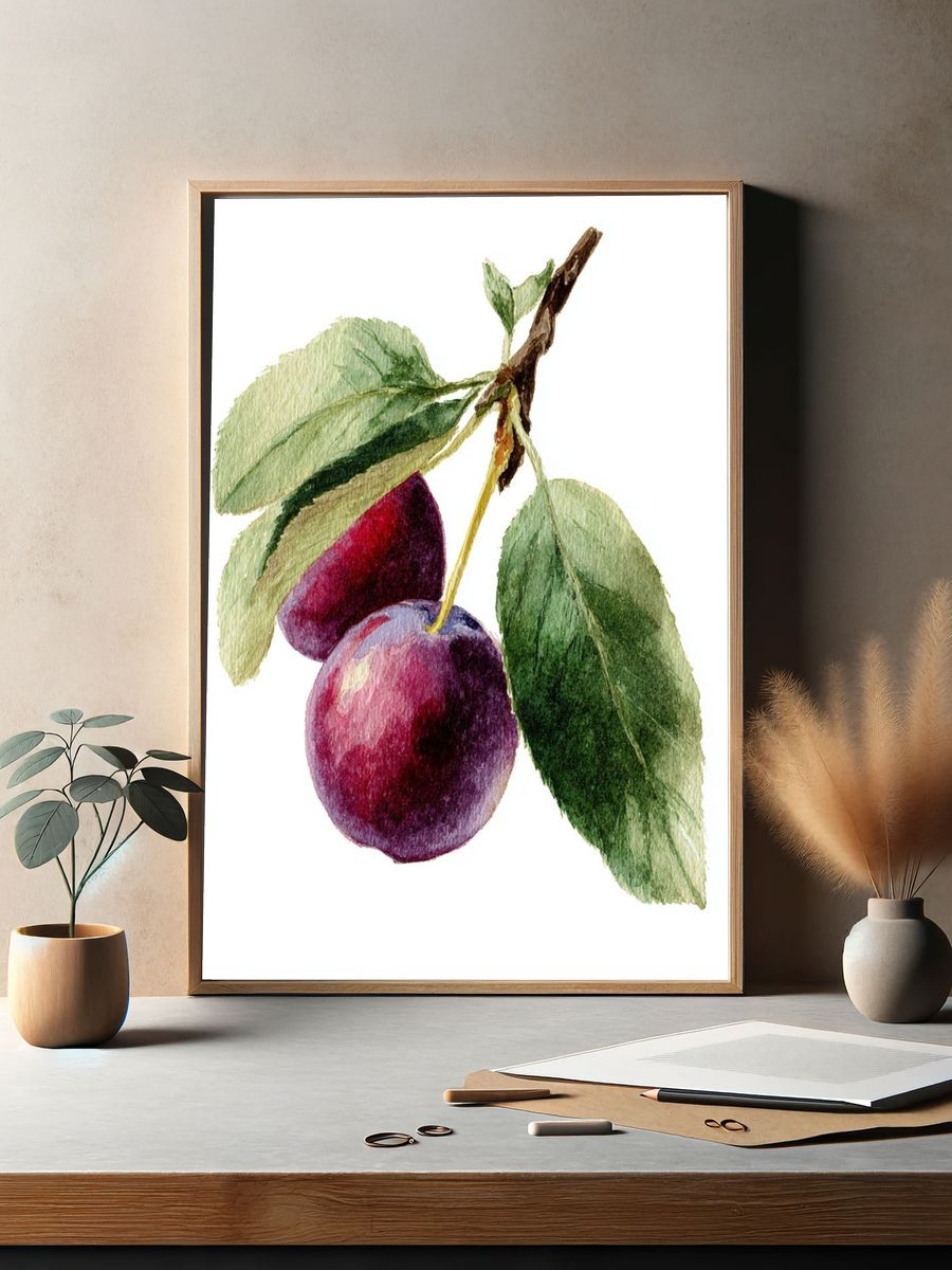 Plum and Leaves — Watercolor Print. — room view 2