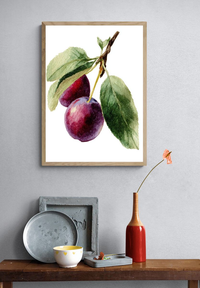 Plum and Leaves — Watercolor Print. — room view 3