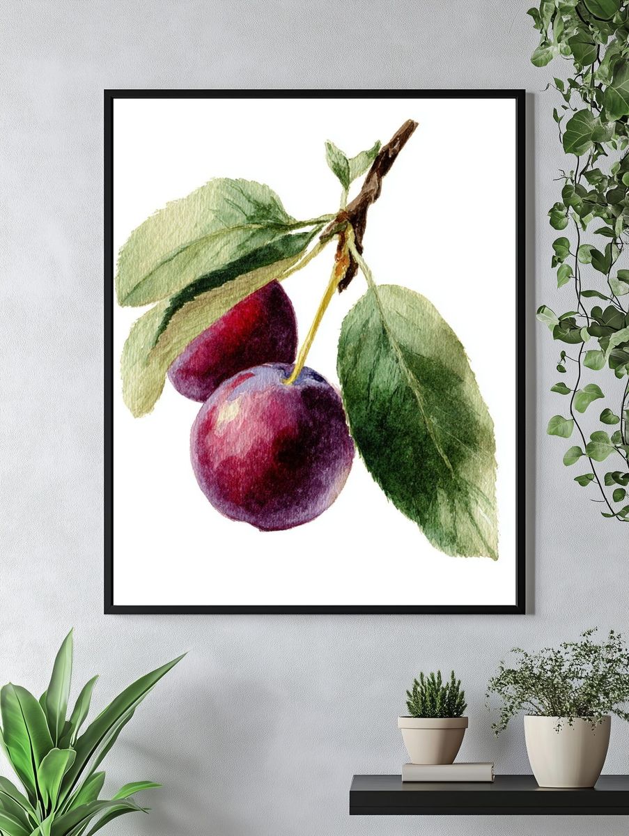 Plum and Leaves — Watercolor Print. — room view 4
