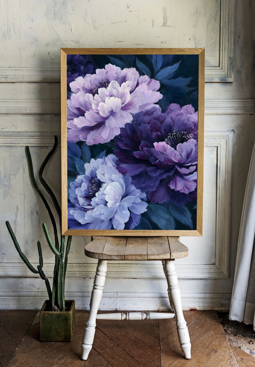 Purple Peonies — Botanical Print. — room view 1